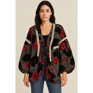 POL Kimono Womens Large Black Velvet Burnout Floral Duster Bohemian Artsy Casual